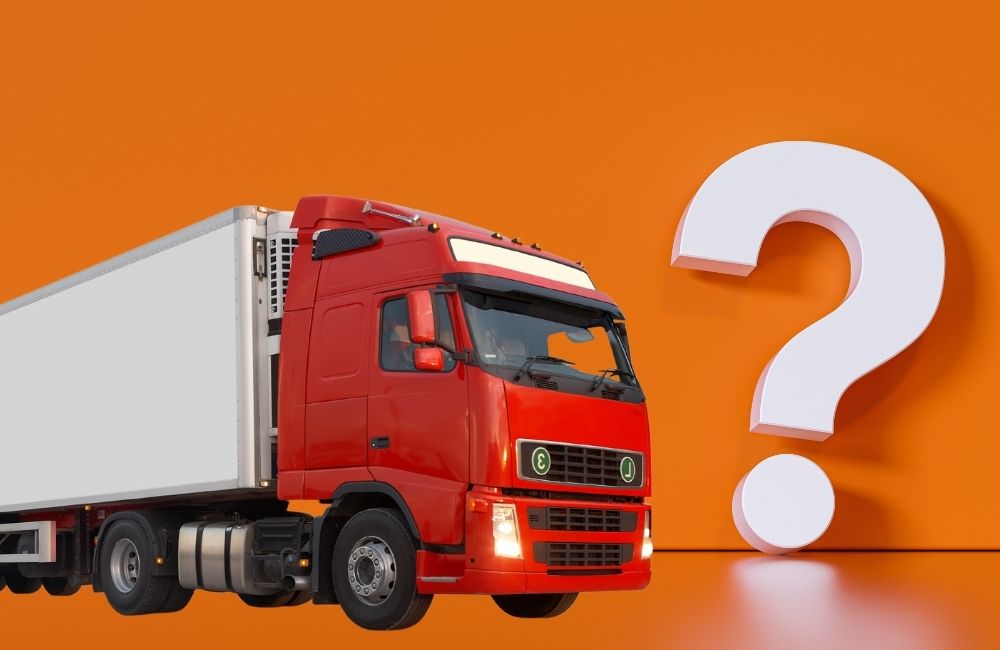 Red truck with big question mark behind