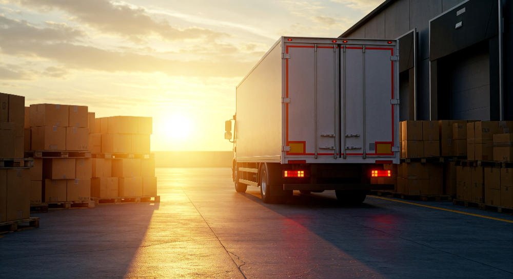 A delivery truck backs up to a loading dock at sunset.