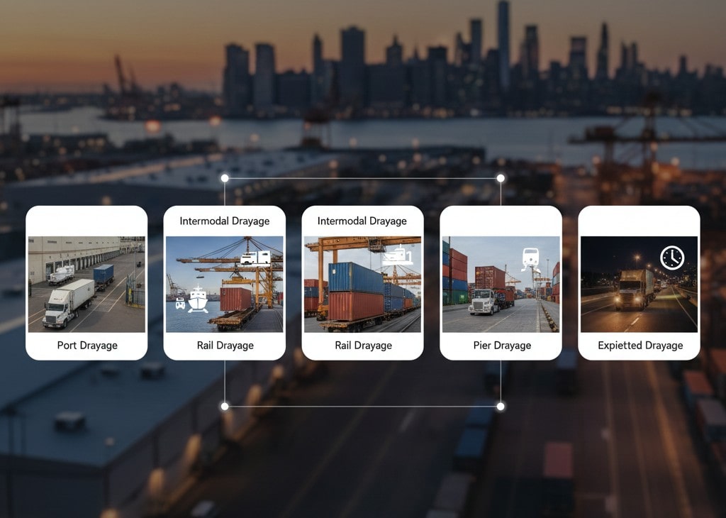 An infographic titled "What Are the Different Types of Drayage Services?" featuring five panels: Port Drayage, Rail Drayage, Intermodal Drayage, Pier Drayage, and Expedited Drayage, set against a blurred New York City skyline.
