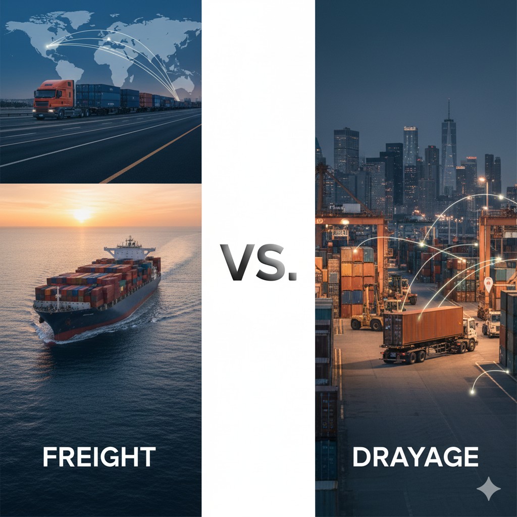 A split-screen comparison image; the left side labeled "Freight" shows a long-haul semi-truck on a highway and a massive container ship at sea; the right side labeled "Drayage" shows a port terminal at night with a skyline and a truck moving a single container.