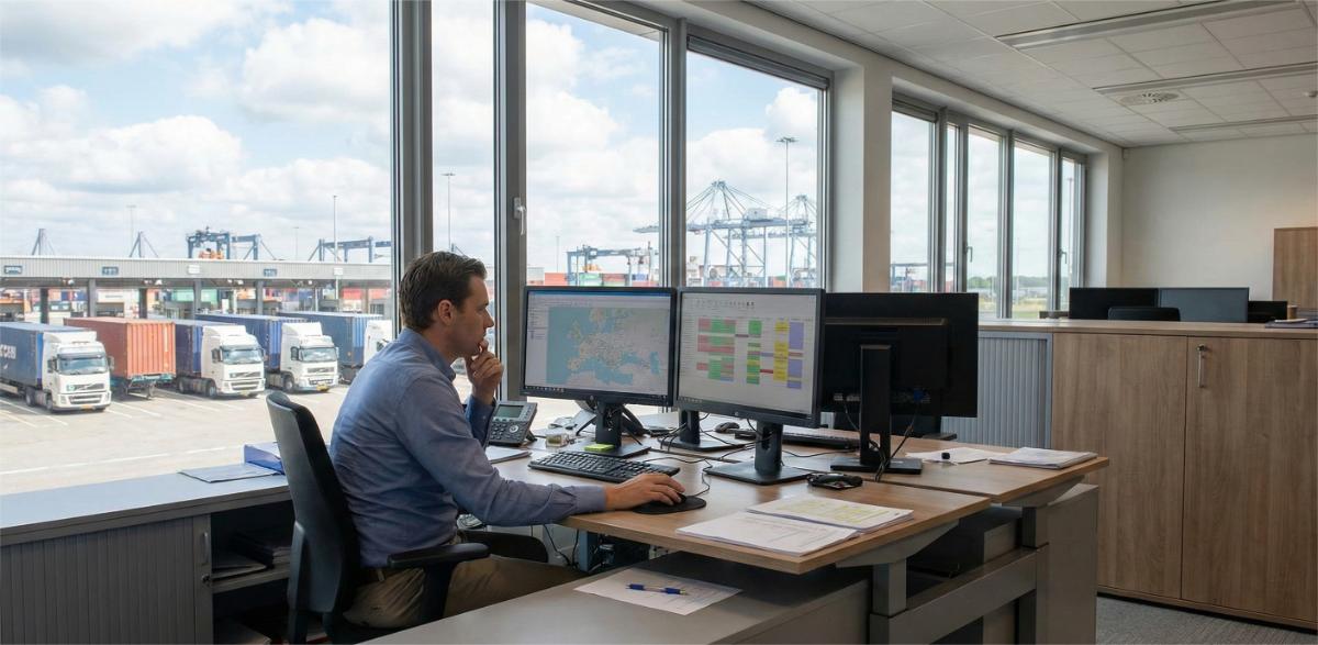 Office dispatcher at a desk with multiple monitors planning container movements while container trucks and port cranes are visible outside the window — drayage services.