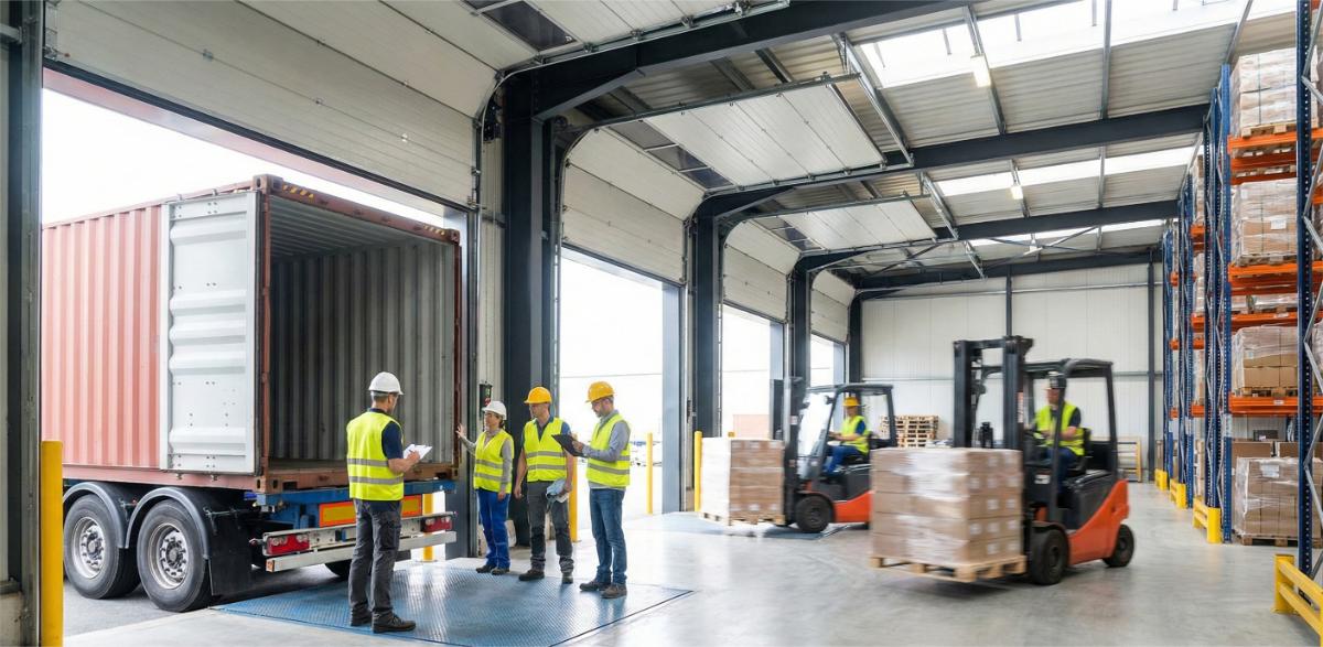 A forklift is loading the packages into the container.