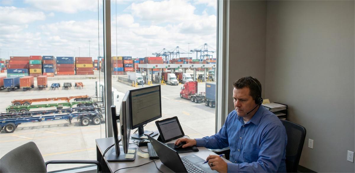 Man wearing a headset working at a desk with dual monitors and a laptop while container trucks and stacked shipping containers are visible outside the window — drayage services.