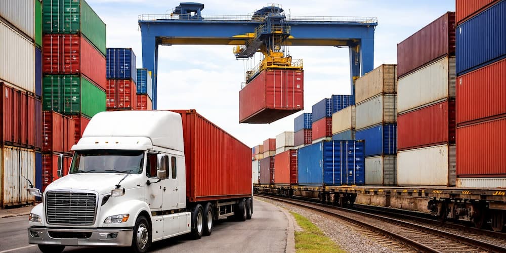 A white semi-truck with a red container drives along a shipping yard, surrounded by stacked multicolored containers. A crane lifts a container overhead.