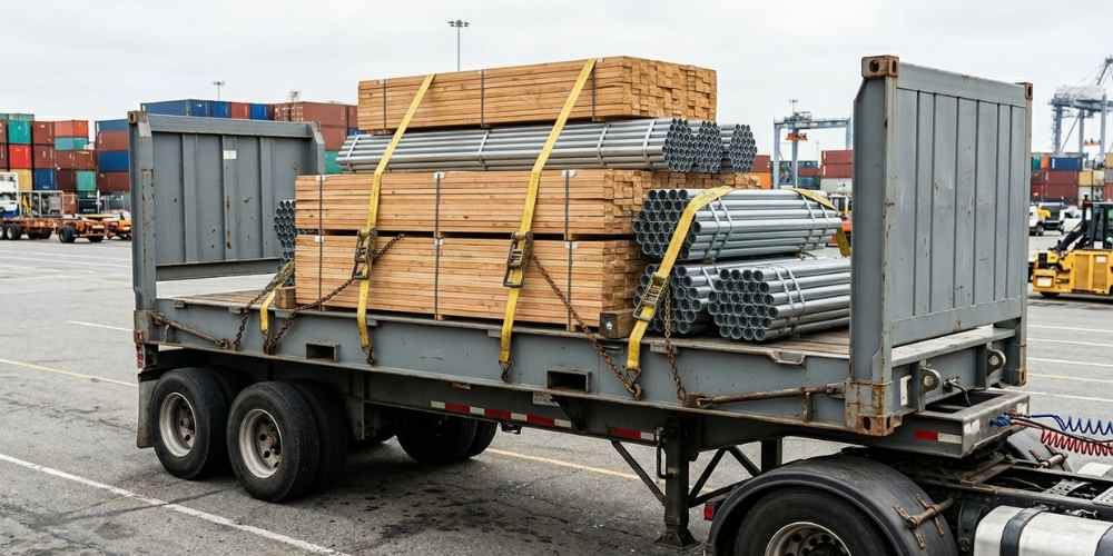 a flat rack container on a drayage trailer carrying neatly secured construction materials