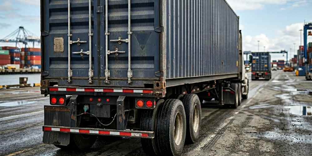 Rear-angle shot of a shipping container trailer on port roadway
