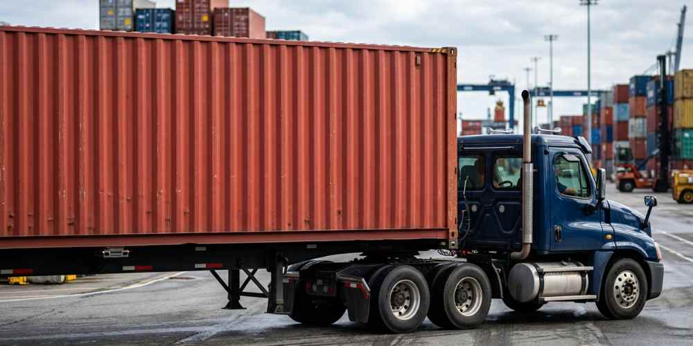 Drayage truck hauling a large red shipping container in shipyard