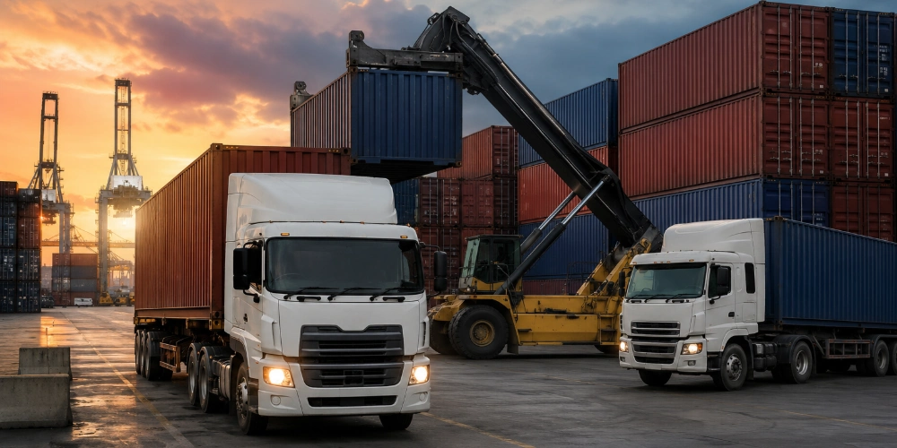 a busy drayage and intermodal shipping yard at a port terminal